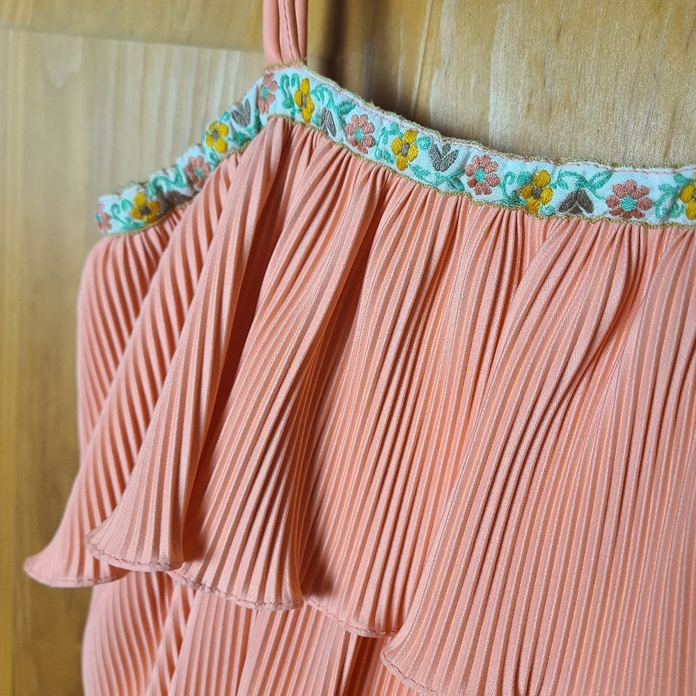 Vintage 70s Peach Pleated Midi Dress Floral Embroidered Trim Boho Prairie - Picture 8 of 16
